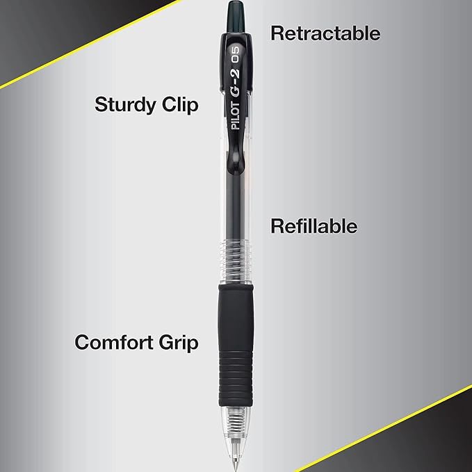 G2 Retractable Premium Gel Ink Roller Ball Pens Extra Fine Point (.5mm) Black/Blue/Red/Green/Purple Ink 5 pack; Refillable & Premium Comfort Grip Bundle with Plastic Reusable Pouch