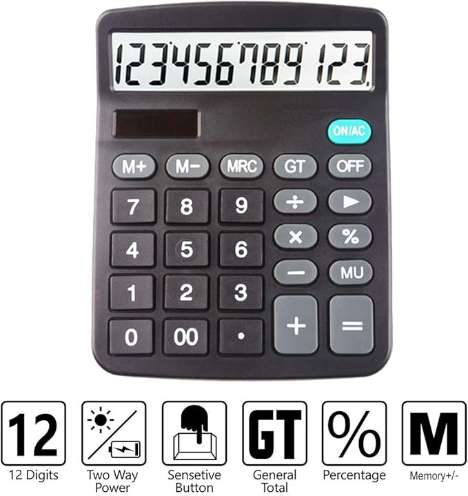 5 Pack Calculators Large Display for Desk, Solar Calculator, Basic 12 Digit Big Button Office Calculator(Black)(AA Battery Included)-DeskLoop Office