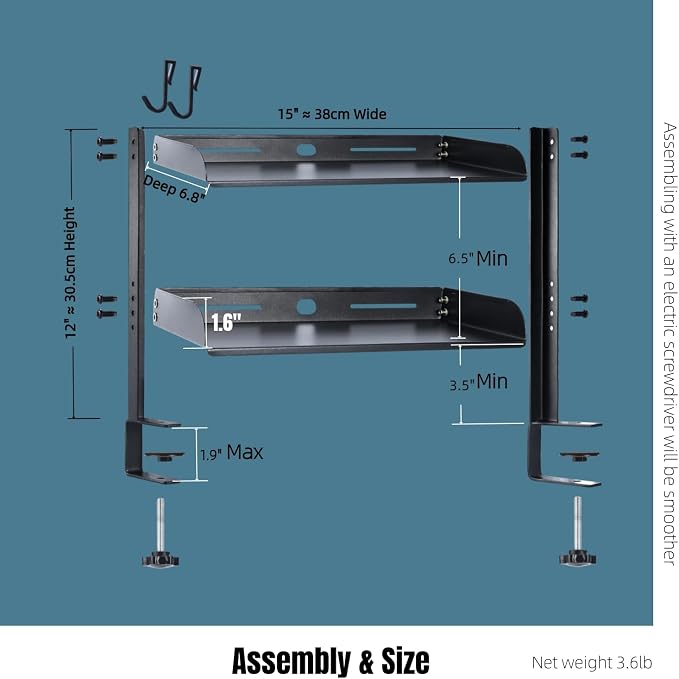 Yuxh Clamp On Desk Shelf 2 Tier Cilp Under Table Organizer, 15 inch - Image 2