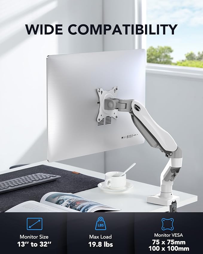 HUANUO Single Monitor Mount, 13 to 32 Inch Gas Spring Monitor Arm, Adjustable Stand, Vesa Mount with Clamp and Grommet Base - Fits 4.4 to 19.8lbs LCD Computer Monitors-DeskLoop Office