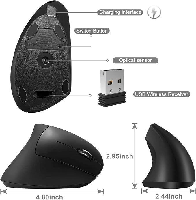 Vassink Ergonomic Mouse, Rechargeable Wireless Mouse, 2.4GHz Rechargeable Wireless Vertical Optical Mice with USB Receiver, 6 Buttons for Laptop, PC, Computer Black-DeskLoop Office