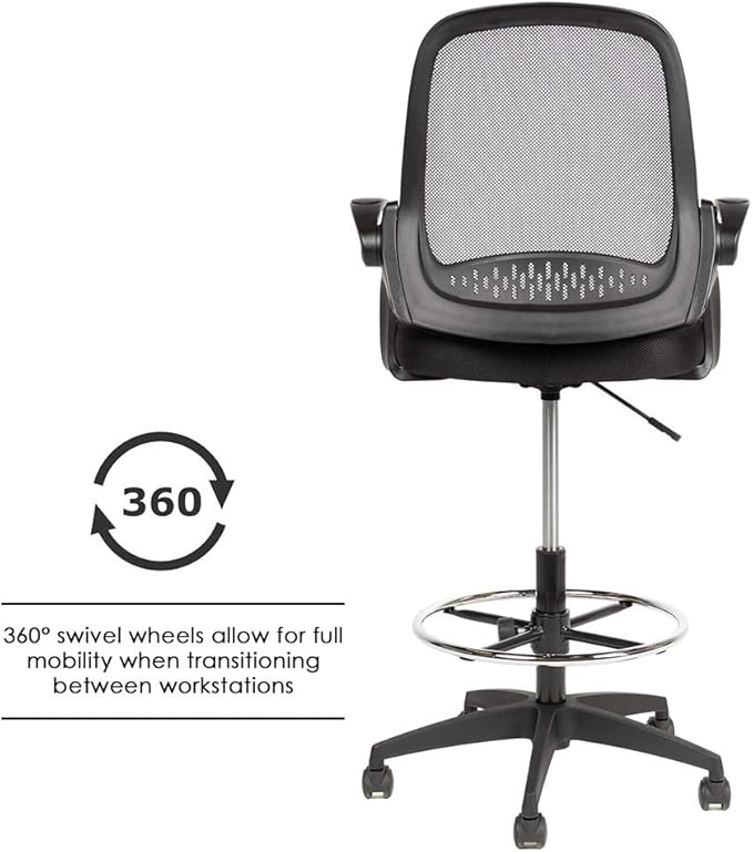 Drafting Chair Tall Office Chair Standing Desk Chair Mesh Computer Chair Adjustable Height with Lumbar Support Flip Up Arms Swivel Rolling Executive Chair,Black …-DeskLoop Office