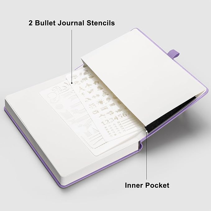 RETTACY Bullet Dotted Journal Notebook, 192 Pages, A5 Medium Size (5.7'' x 8.3''), Leather Hardcover, 100 GSM Thick Paper, for Bullet Journaling, Planning, Tracking (Purple)-DeskLoop Office