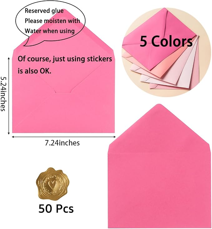 50 Pack Colored A7 Invitation Envelopes 5x7 Pink, 5 1/4 x 7 1/4 in | 5 Colors - Image 2