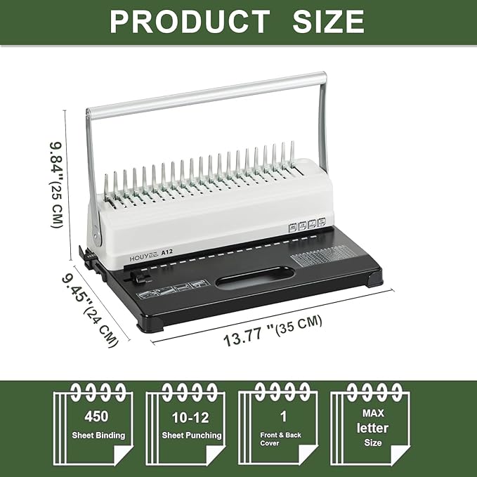 HOUYEE Manual Comb Binding Machine,19 Holes, 450 Sheets,Paper Punch Comb Binder Machine with 50 PCS 1/2" Comb Binding Spines, Fit for Letter Size Paper-DeskLoop Office
