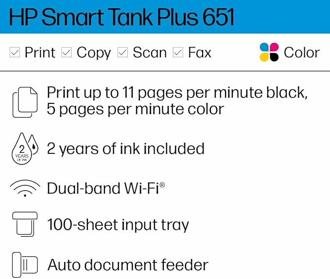 HP Smart -Tank Plus 651 Wireless All-in-One Ink -Tank Printer, up to 2 Years of Ink in Bottles, Auto Document Feeder, Mobile Print, Scan, Copy,, Fax, Works with Alexa (7XV38A)-DeskLoop Office