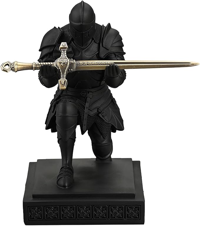 Medieval Armored Warrior Knight Pen Holder Desk Organizers and Accessories Resin Pencil Holder Paperweight as Gift with a Cool Letter Opener for Desk (Black)-DeskLoop Office