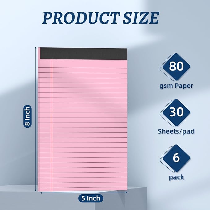6 Pack 5 x 8 Inch Pink Legal Pads, Double-Sided Lined Notepads - Image 2