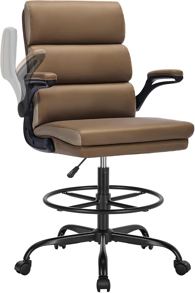 Drafting Chair Tall Office Chair with Padded Flip-up Armrests Executive Ergonomic Computer Standing Desk Chair with Comfortable Leather Backrest and Adjustable Footrest Ring (Tan)-DeskLoop Office