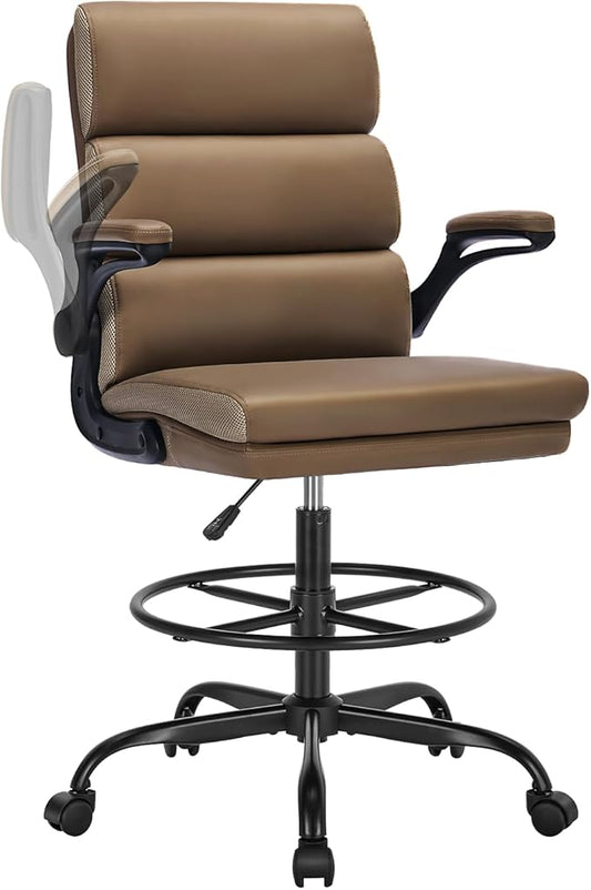 Drafting Chair Tall Office Chair with Padded Flip-up Armrests Executive Ergonomic Computer Standing Desk Chair with Comfortable Leather Backrest and Adjustable Footrest Ring (Tan)-DeskLoop Office