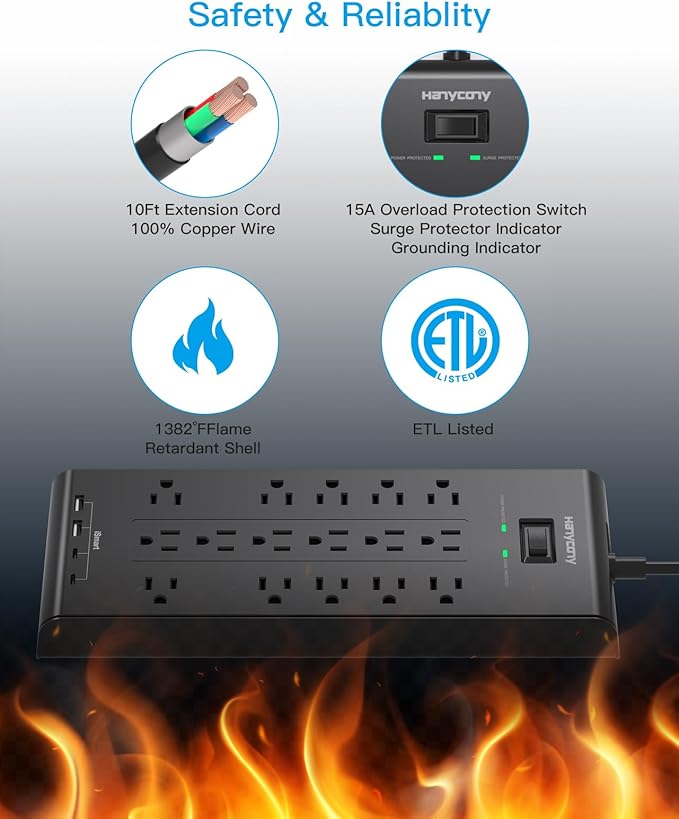 Extension Cord 15 Ft, HANYCONY Power Strip with 16 Oultets 4 USB Ports(2 USB C), 2700 Joules Heay Duty Surge Protector, Flat Plug, Wall Mount for Home Office, ETL Listed, Black-DeskLoop Office