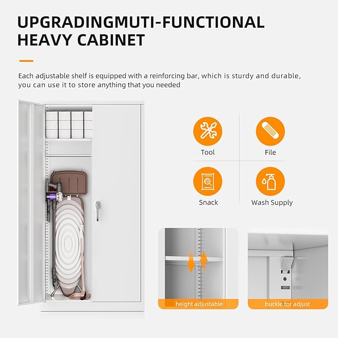 INTERGREAT Metal Storage Cabinet,Armoire Wardrobe Closet with 4 Adjustable Shelves and Hanging Rod,Metal Wardrobe Cabinet with Lockable Doors for Home Office,Warehouse,Garage,White-DeskLoop Office