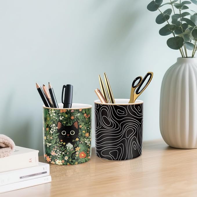 Black Cat Pen Holder for Desk Accessories, Durable Ceramic Pencil Organizer - Image 6