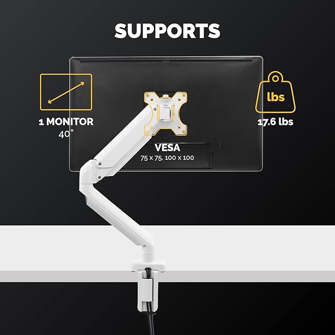 Fellowes Platinum Series Single Monitor Arm for 40-Inch Monitors, Full Motion, 360° Rotation, VESA Mount with Grommet or Clamp, USB Ports, Ergonomic, White, 8056201-DeskLoop Office