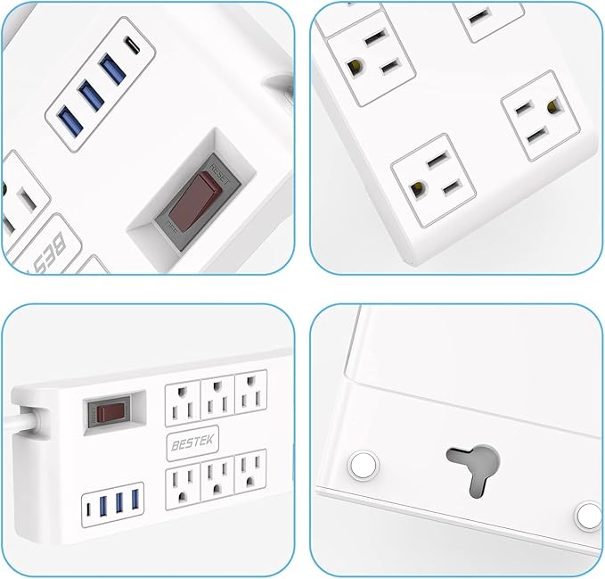 BESTEK 8 AC Outlet, 5 Feet Extension Cord Power Strip with 3 USB-A 2.4A 1USB-C 3A, MAX Output 1625W 13A, 600Joule, Ultra-Compact Wide Spaced Outlet for Large Plug-DeskLoop Office