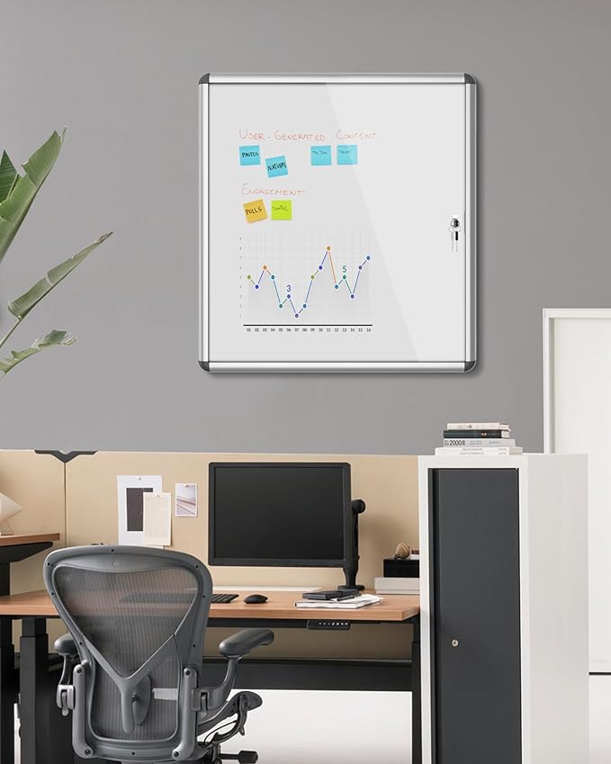 28"x26" Enclosed Bulletin Board, Lockable Weather-Resistant Aluminum Noticeboard for School & Office, Silver Frame w/Magentic Whiteboard-DeskLoop Office