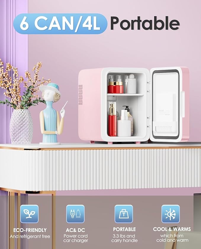 Skincare Fridge With Dimmable LED Light Mirror, 4L Makeup Mini Fridge for Bedroom, Car, Office & Dorm, Cooler & Warmer, Portable Small Refrigerator for Cosmetics, Skin Care and Food, Pink-DeskLoop Office