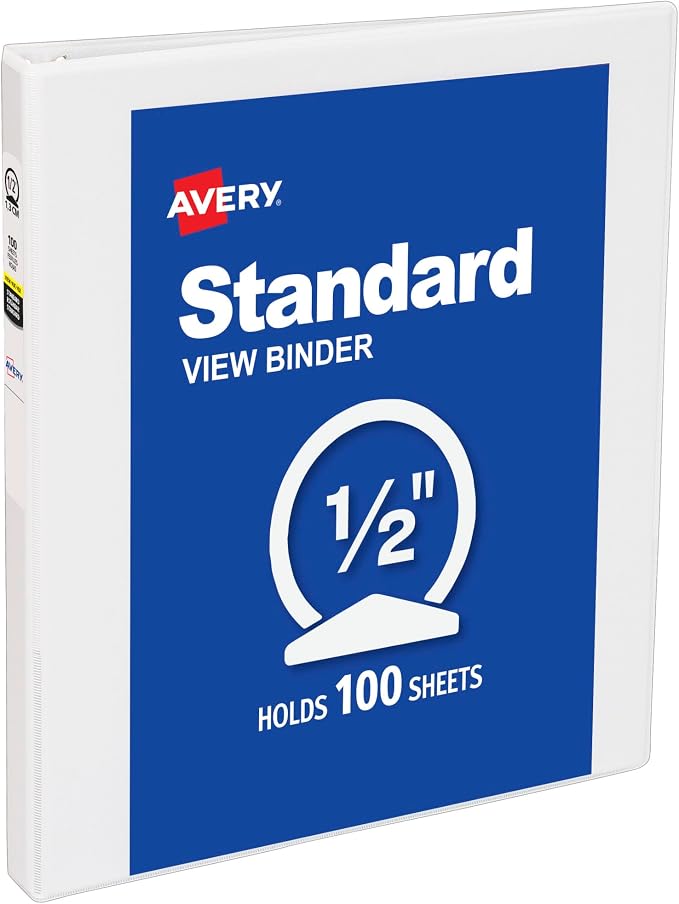 Avery Standard View 3 Ring Binder, 0.5" Round Rings, 100-Sheet Capacity by Avery
