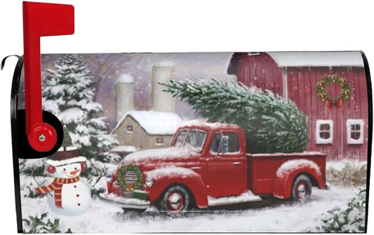 Winter Red Truck Christmas Tree Mailbox Cover, Cute Snowman Magnetic Mailbox by Yomane
