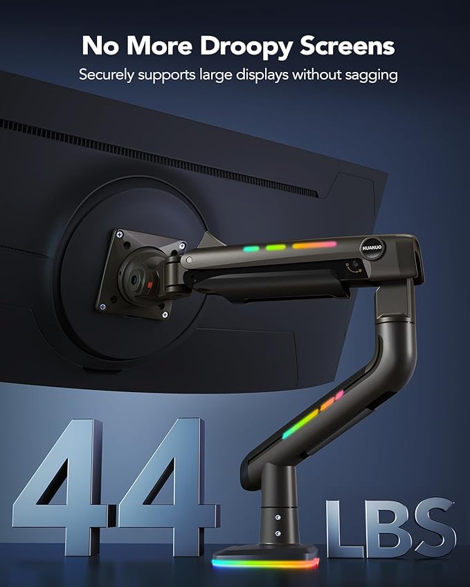 HUANUO RGB Monitor Arm for Ultrawide Screens up to 57″, Heavy-Duty Single Mount Holds 44 lbs, Fully Adjustable Gaming Monitor Arm with C-Clamp & Grommet Base, Max VESA 100 x 100mm-DeskLoop Office