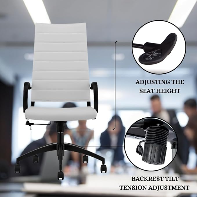 Ribbed High Back Conference Room Chairs - Lumbar Support, Modern Executive Home Office Chair - White Leather Seat & Black Aluminum Frame-DeskLoop Office