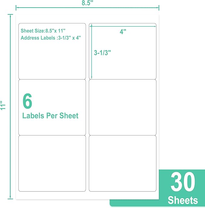 L LIKED 3-1/3" x 4" Shipping Labels 30 Sheets, Total 180 Printable White - Image 2