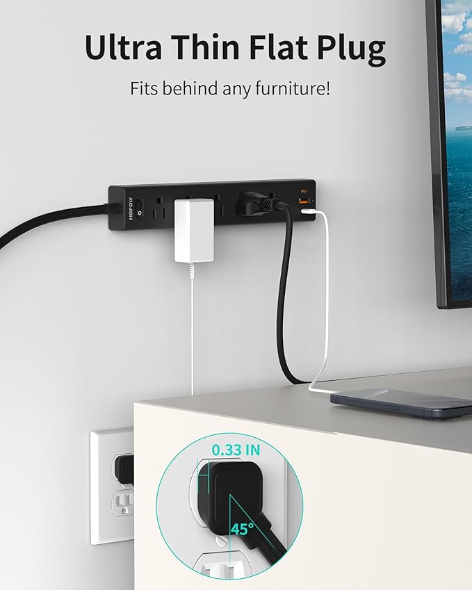 Flat Plug Power Strip, 2 Pack, 6 Ft Ultra Thin Flat Extension Cord, Surge Protector with 5 Outlets & 3 USB Ports (2 USB C Slots), 1700 Joules, 3-Prong, Wall Mount for Home Office Dorm, Black-DeskLoop Office