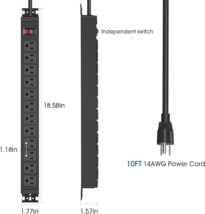 HHSOET Rotating Mountable Power Strip, 12 Outlet Wall Mount Surge Protector, Metal Heavy Duty and Versatile Outlet Strip, Stylish Appearance, Sturdy and Durable, 10ft Power Cord.(Black)-DeskLoop Office