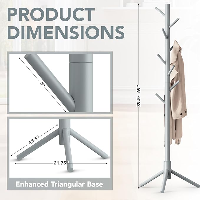 Wooden Tree Coat Rack Stand,Sturdy Freestanding Coat Rack with 8 Hooks,3 Adjustable Height for Child Adult,Wood Coat Stand Tree Fits Entryway Bedroom Office for Bags,Hats-DeskLoop Office