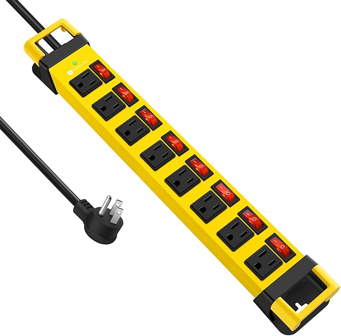 Heavy Duty Power Strip with Individual Switches,8 Outlets 14 Gauge Industrial Shop Garage Metal Multiple Outlets,1200J Surge Protector Mountable Power Strip,15FT Extension Cord Management (Yellow)-DeskLoop Office