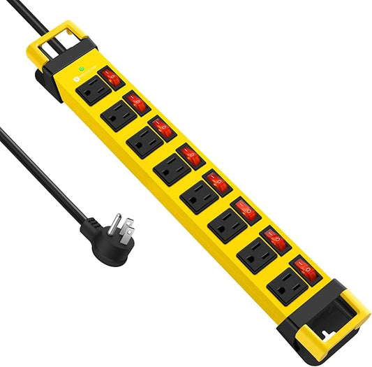 Heavy Duty Power Strip with Individual Switches,8 Outlets 14 Gauge Industrial Shop Garage Metal Multiple Outlets,1200J Surge Protector Mountable Power Strip (Yellow, 25 FT)-DeskLoop Office
