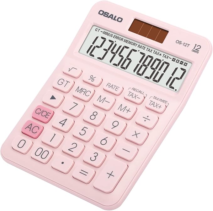 Pocket Small Size Desk Calculator, 12 Digit Large LCD Display, Basic Tax Function Handheld Desktop Calculator with Solar Battery Dual Power, Perfect for Office, School, Business OS-12T (Pink)-DeskLoop Office