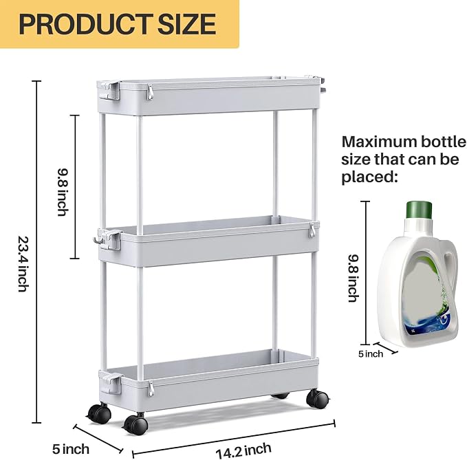 SPACEKEEPER Slim Rolling Storage Cart, 3 Tier Storage Organizer Laundry Room - Image 3