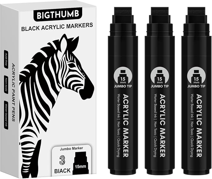 BIGTHUMB 3 Pcs Black Jumbo Permanent Markers: 15mm Wide Tip Thick Acrylic Paint by BIGTHUMB