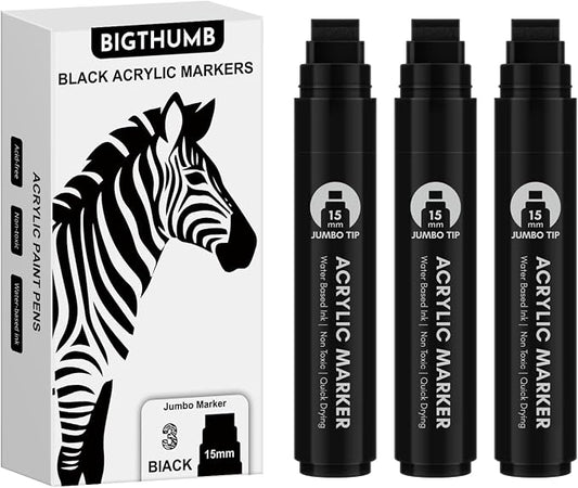 BIGTHUMB 3 Pcs Black Jumbo Permanent Markers: 15mm Wide Tip Thick Acrylic Paint by BIGTHUMB
