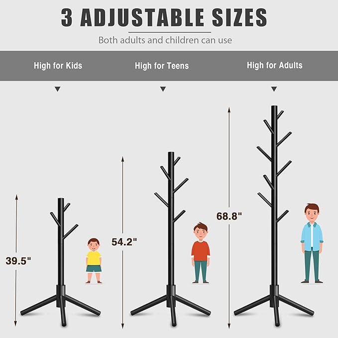Wooden Coat Rack, Free Standing Coat Rack with 8 Hooks 3 Adjustable Heights for Clothes, Hats, Handbags, Coat Tree Easy Assembly for Entryway, Bedroom, Hallway, Office(2PCS)-DeskLoop Office