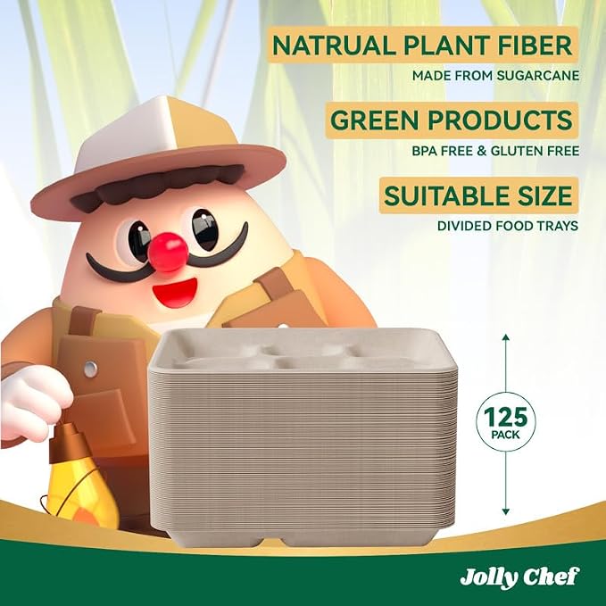 JOLLY CHEF Small Compostable 5 Compartment Paper Plates 10 * 8.25 * 1 inch 125 - Image 6
