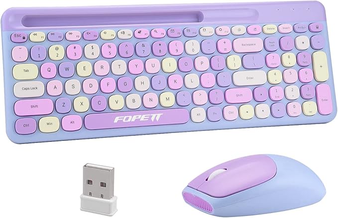 FOPETT Wireless Keyboard and Mouse Combo, 100 Keys Full-Sized 2.4 GHz Round Keycap Colorful Keyboards, USB Receiver Plug and Play, for Windows, Mac, PC, Laptop, Desktop (Purplecolorful)-DeskLoop Office