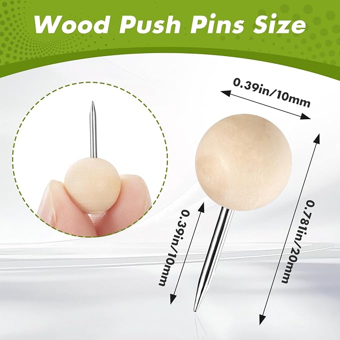 120Pcs Ball Wooden Push Pins, Wood Pins and Tacks, Decorative Cork Board Pins - Image 2