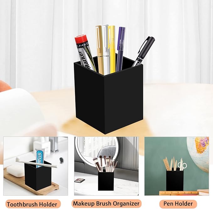 2 Pack Acrylic Pen Pencil Holder, Black Makeup Brush Holder Cup Storage Office Desktop Desk Table Stationery Organizer-DeskLoop Office
