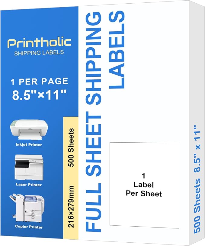 Full Sheet Labels 8.5x11 for Laser & Inkjet Printers, 500 Sheets | Waterproof & by Printholic