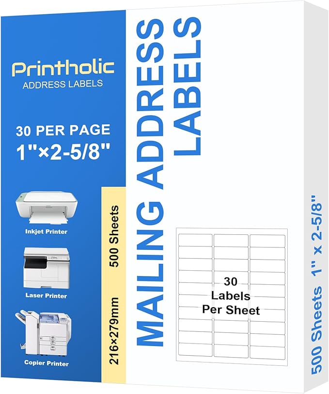 15000 30 Per Sheet Self Adhesive 1" x 2-5/8" Address Shipping Labels for Laser & Inkjet Printers - 500 Sheets, 30 Per Labels Per Page, 30 up Labels-DeskLoop Office