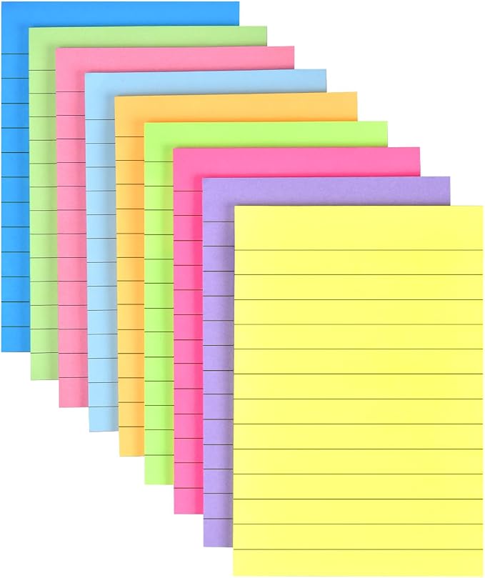 9 Pack Lined Sticky Notes 4x6 in Bright Colors Self-Stick Note Pads by WSPER