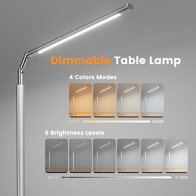 Metal Desk Lamp for Home Office - Foldable LED Table Lamp for Reading, 4 Color & 6 Brightness, 15W Dimmable Desk Light with Flexible Arm, Eye-Caring Desktop Lamp for College Dorm, Silver-DeskLoop Office