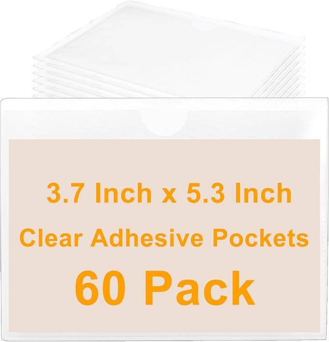 60 PCS Clear Adhesive Pockets, 3.7" x 5.3" Plastic Index Card Holder Labels by Kyuionty