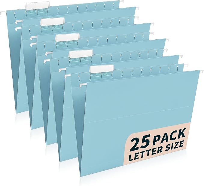 25-Pack Hanging File Folders, Letter Size, Includes 35 Transparent Label Cards by Jowaia