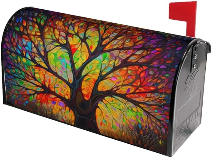 Tree of Life Welcome Magnetic Mailbox Cover, Colorful Forest Mailbox Wrap by Ouqiuwa