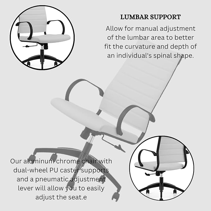 Ribbed High Back Conference Room Chairs - Lumbar Support, Modern Executive Home Office Chair - White Leather Seat & Black Aluminum Frame-DeskLoop Office