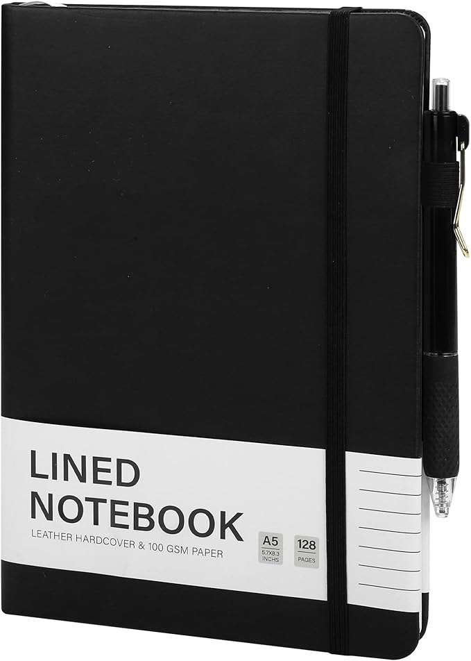 Aodaer Lined Notebook Journal with Pen A5 Notebooks 100 GSM College Ruled Hardcover Notebook PU Leather Notepad with Pen Holder for Office School, 5.7 x 8.3 Inches, Black-DeskLoop Office