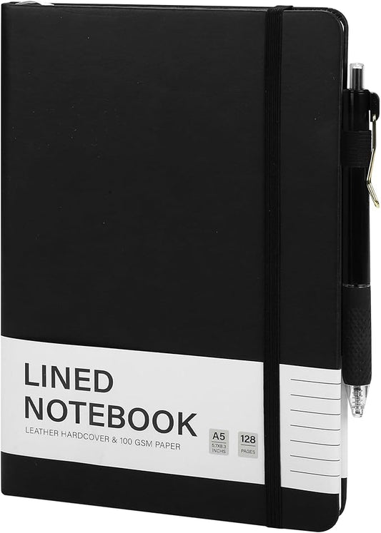 Aodaer Lined Notebook Journal with Pen A5 Notebooks 100 GSM College Ruled Hardcover Notebook PU Leather Notepad with Pen Holder for Office School, 5.7 x 8.3 Inches, Black-DeskLoop Office